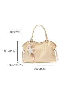 Cream White Embroidered Letter Tote Bag For Women, Drawstring Design, Sweet And Gentle Style, Adjustable Shoulder Strap, Large Capacity Shoulder Bag (No Pendant) - Beige - View 3