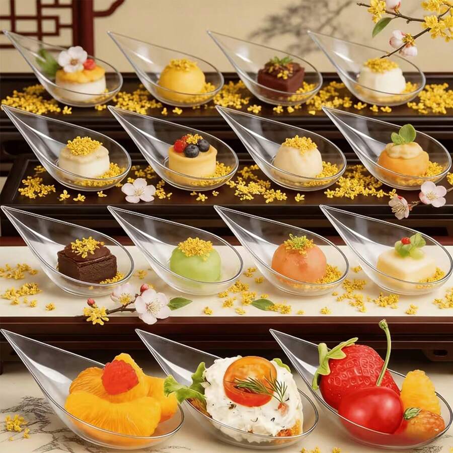200/100/50/25/10/1pc Transparent Boat-Shaped Dessert Spoons, Appetizer Spoons For Mousse, Pudding, Sashimi, Snacks, Wedding Party Gathering Cold Buffet Platter, Home Banquet Bar Creative Snack Container, Minimalist Luxury Plating Decorative Tableware - Clear - View 1