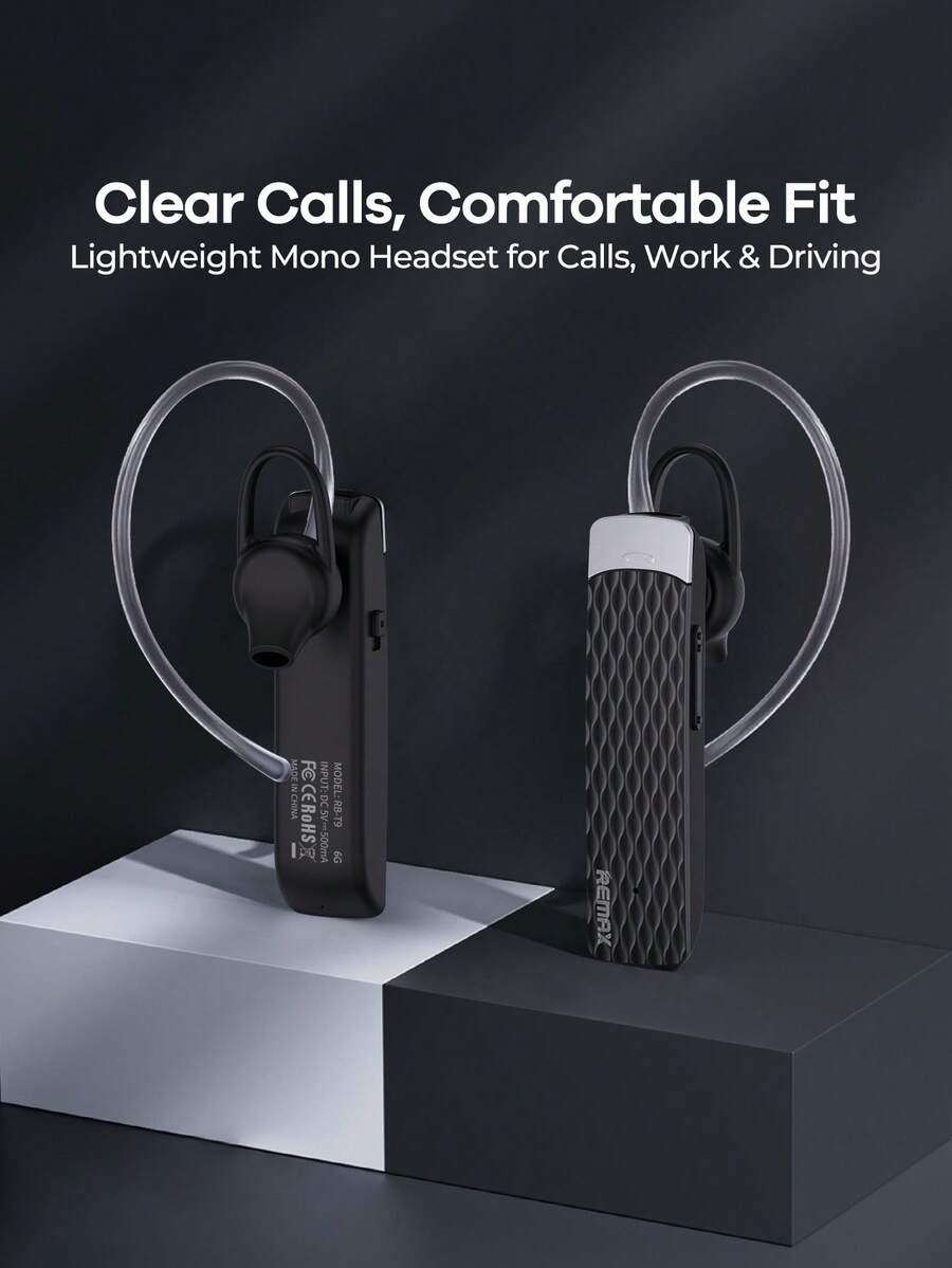 REMAX Bluetooth 6.0 Mono Headset, Single Ear Wireless Bluetooth Earpiece With Noise Reduction For Clear Calls, Lightweight Ear Hook Design, Hands-Free Calling, Dual Device Connection, 180H Standby Battery Life For Driving, Office & Work, Headphones - T9 - View 1