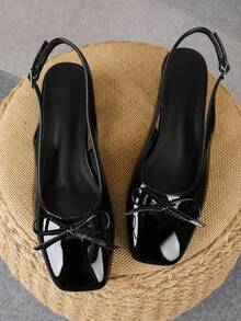 XBYASDF Women's Black Shiny Bow Backless Chunky Heel Pumps, Square Toe Buckle 3cm High Heel, Elegant Commute Comfortable Sandals - Black - View 5