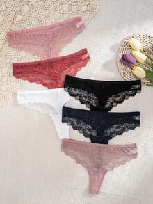 Women's Lace Thong Panties 6-Pack, Low Waist Scalloped Semi-Sheer Soft Comfortable Multi-Color Assorted Underwear - Multicolor - View 4