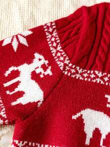 Girls' Elegant Deer Pattern Round Neck Cable Knit Pullover Sweater, Suitable For Christmas, Casual Wear, Spring, Autumn, Winter - Red - View 7