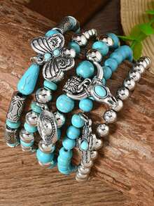 5pcs/Set Western Cowboy Style Butterfly Hat Bull Cactus Pendant Turquoise Beaded Multi-Layer Bracelet Fashion Personalized Women's Hand Jewelry Suitable For Daily Wear And Shopping Party - Multicolor - View 5