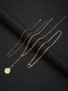 3pcs Simple Fashion Chunky Chain Y-Shaped Seal Disc Necklace Set, Women's Vacation, Date, Gift, Daily Casual, Party, Wedding Matching - Yellow Gold - View 3
