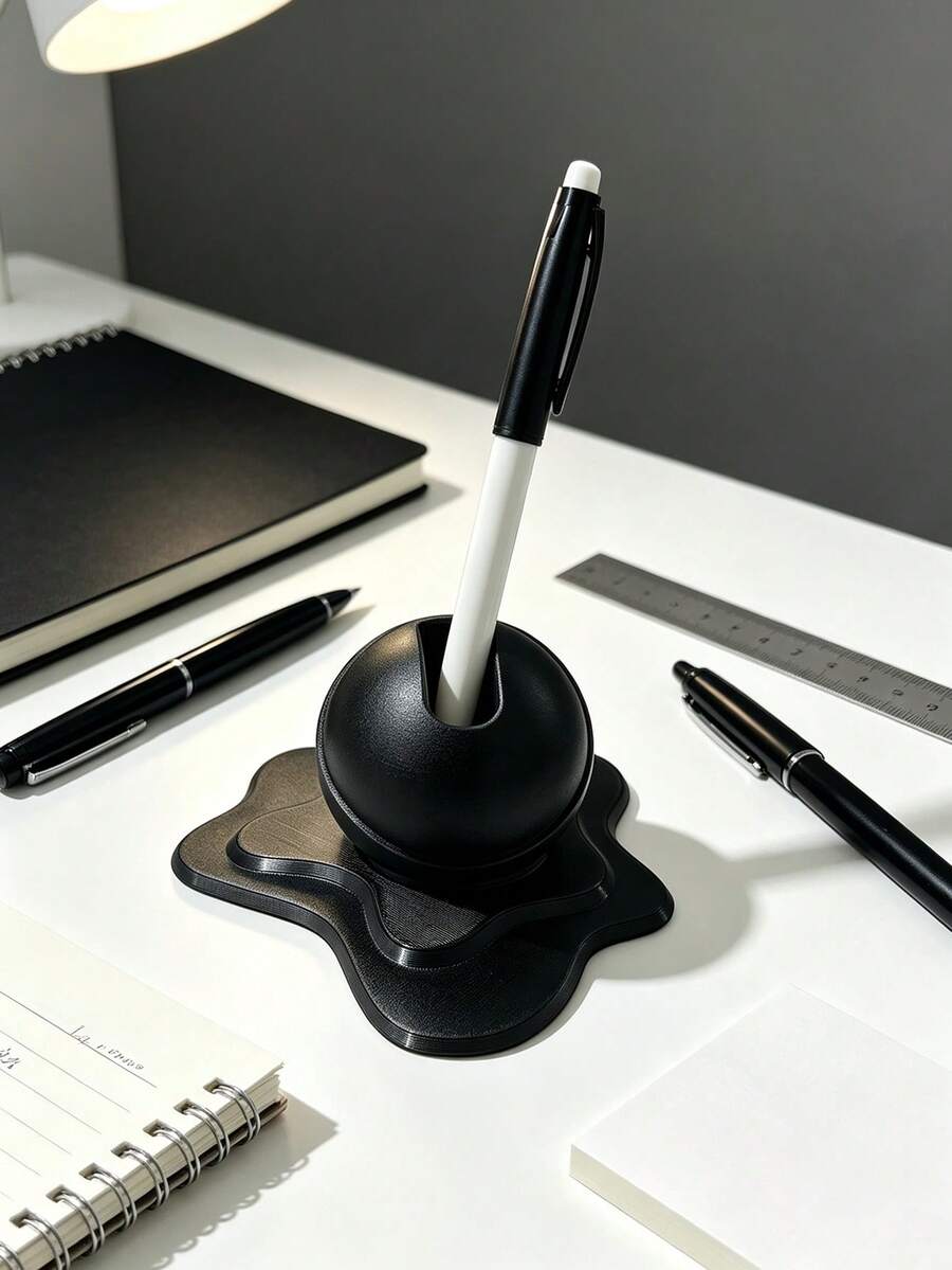 3D列印現代藝術球形筆筒，附不對稱雲朵底座，辦公桌用桌面筆收納架，小眾高美感筆存放架 - 彩色 - 查看 1