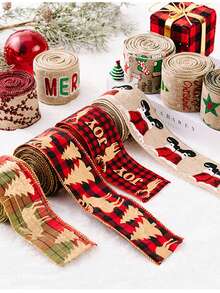 1 Roll Classic Christmas Linen Ribbon Set, 5 Meters Per Roll, Colorful Printed Christmas & Thanksgiving Decorative Ribbon, Suitable For Gift Wrapping, DIY Bows, Office Decor, Theme Party Decoration, Christmas Decoration - Multicolor - View 7