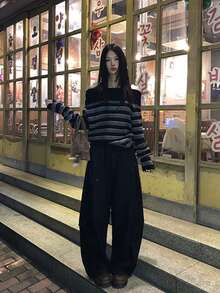 YCYC Black & Grey Striped Off-Shoulder Sweater, Women's Autumn/Winter Slouchy Chic Long Sleeve Knit Top - Black - View 8
