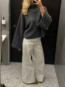 FOR BEAUTY Autumn/Winter Y2K Elegant Grey Bell Sleeve High Neck Loose Knit Sweater Top For Women, Suitable For Outings, Parties, Vacations, Concerts - Grey - View 3