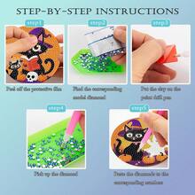 Halloween Spooky Diamond Art Craft Kit, 8Pcs DIY Handmade Diamond Painting Coasters, Black Cat Ghost Pumpkin Design Table Coaster Supplies For Halloween Holiday Gift - Sets - View 3