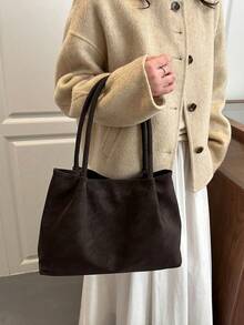 Tote Bag, Relaxed Soft Large Capacity Body, Double Long Spaghetti Strap For Comfortable Shoulder Underarm Carry, Simple Open Design For Convenient Access To Items. Spacious Interior Can Easily Store Books, Tablets And Other Personal Belongings, Meeting Daily Travel Needs, Suitable For Commuting, Shopping, Outings, Creating A Lazy Casual Everyday Outfit Style. - Coffee Brown - View 3
