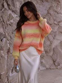 FOR BEAUTY Fall Winter Women Sweaters Y2K Chic Ombre Striped Crewneck Knit Tops Sunset Gradient Loose Pullover Lantern Sleeve Date Brunch Outfits - Multicolor - View 2