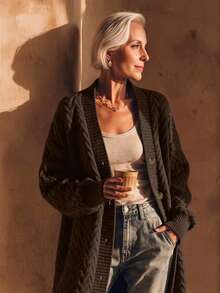 NZZOF Women's Solid Color V-Neck Long Knit Cardigan Single-Breasted Casual Loose Sweater Jacket - Coffee Brown - View 3