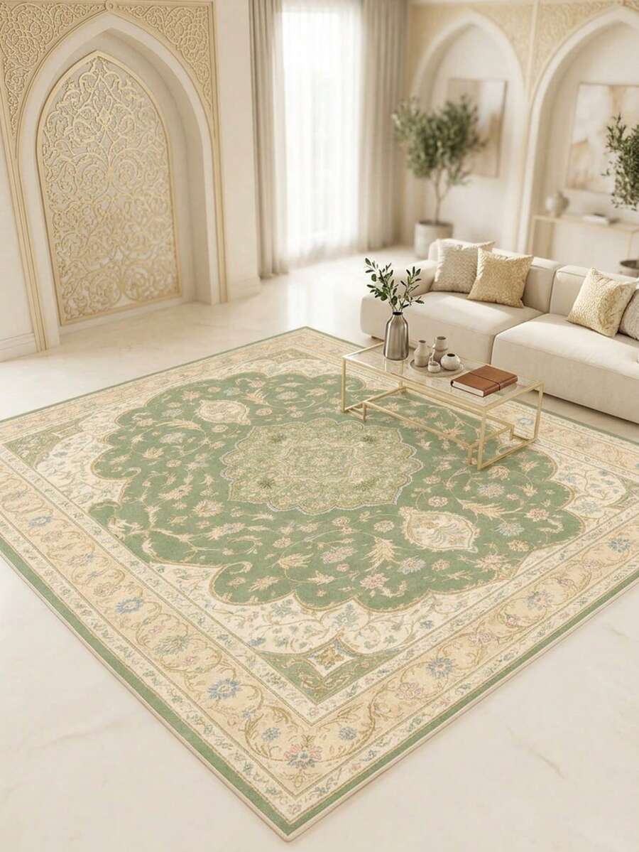 1PC Green & Pink Floral Medallion Pattern Traditional Persian Carpet, Elegant French Vintage Style Faux Cashmere Rectangular Area Rug With Multi-Layer Petal Center Medallion And Exquisite Border Details, Machine Washable, Suitable For Living Room/Bedroom/Spring Home Decor, Aesthetic Home Decoration - Multicolor - View 1
