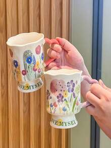 Fashionable High-End Cute Floral Print Ceramic Coffee Cup, Heart-Shaped Handle, Wavy Shell Edge Base Tea Cup, Colorful Country Floral Pattern Ceramic Cup, Exquisite Home Dining Table Drinkware, Sweet Birthday Gift For Girls - Multicolor - View 8