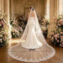 1pc Mantilla Bridal Court Style Long Veil Headpiece With Hair Comb, Lace Trim Mesh Shawl Wedding Dress Accessory For Women - A - View 4