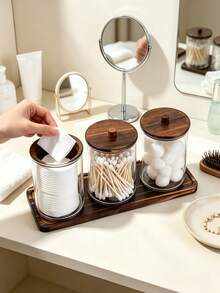 3pcs Transparent Plastic Round Cotton Swab Storage Box (With Tray) / 1pc Modern Portable Desktop Storage Box (For Home Use) - Multicolor - View 10