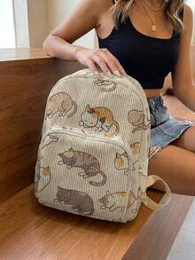 1PC Kitten‑Print Women Mini Backpack, Corduroy Girl School Bag, Travel Storage Bag, Large Capacity Foldable Lightweight Backpack, Multi‑Pocket Layered Design With Zipper Closure - Cartoon Kitten 23123 - View 4