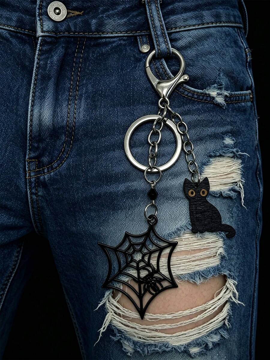 1pc Halloween Dark Cat Spider Web Pendant Pants Chain Metal Pendant Mobile Backpack Creative Gift - Silver - View 1