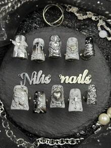10pcs Handmade Fully Covered Short Duck Nails Press On Nails, Silver Geometric Pattern, Black And White Tie Dye Reusable Fall&Winter Nails,Suitable For Party,Daily, Gothic Y2K False Nails For Women Girls,With Jelly Glue And Nail File - Silver - View 4