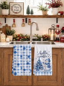 2pcs Winter Watercolor Blue Plaid Christmas Tree Snowman Hello Winter Text Kitchen Towels, 40*60cm Soft Microfiber Material Tea Towels, Suitable For Home Kitchen Restaurant Outdoor Camping Tabletop Cleaning Dish Cloth Hand Towel Accessories, Christmas Theme Kitchen Towels Holiday Gift - Multicolor - View 4