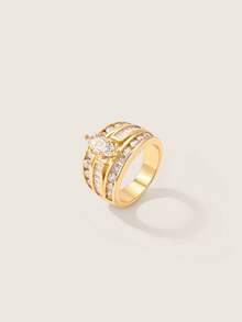 Valisandre 1pc Fashionable Copper Cubic Zirconia Decorative Ring, Women's Wedding Decoration Ring - Yellow Gold - View 4