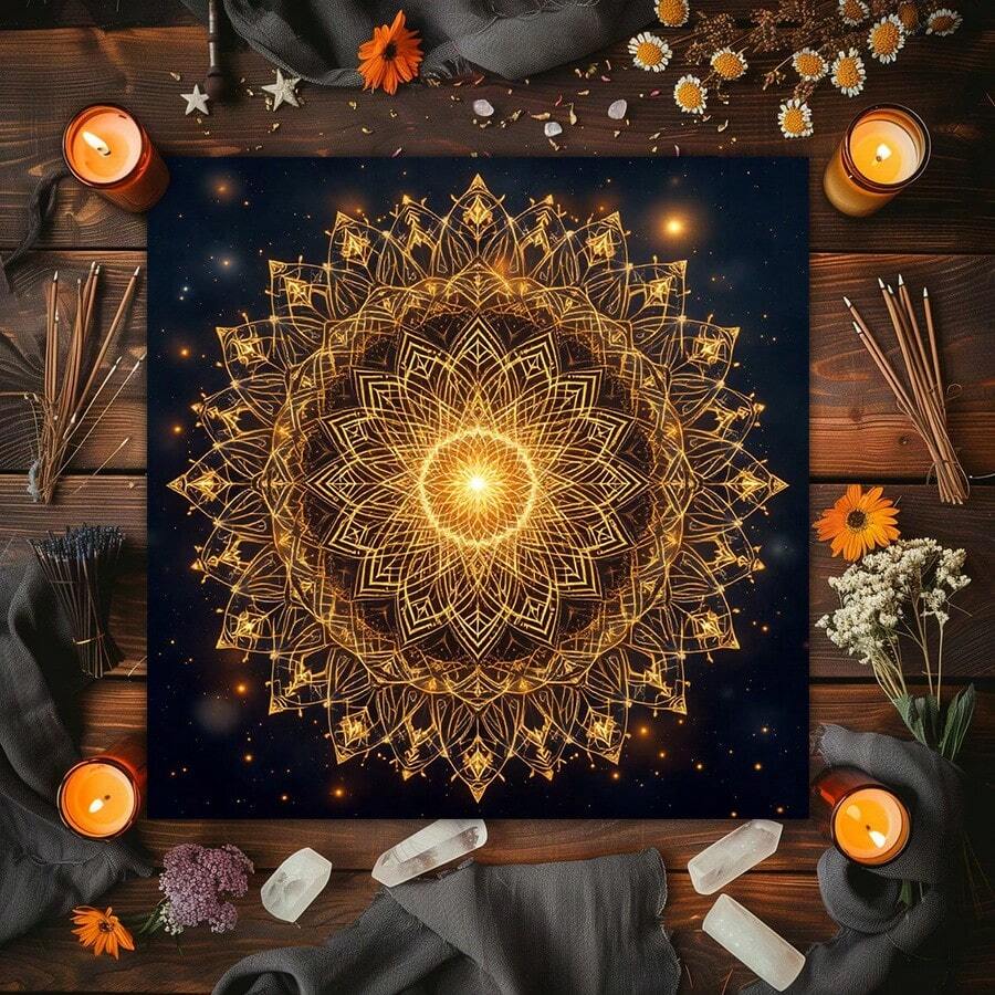 1PC Golden Mandala Galaxy Tarot Cloth, Sacred Geometry Altar Table Mat, Bohemian Wall Hanging Tapestry, Multipurpose Spiritual Divination Room Decor & Wall Hanging Tapestry, Witchy Spiritual Oracle Card Reading Mat Home Decor - Multicolor - View 1