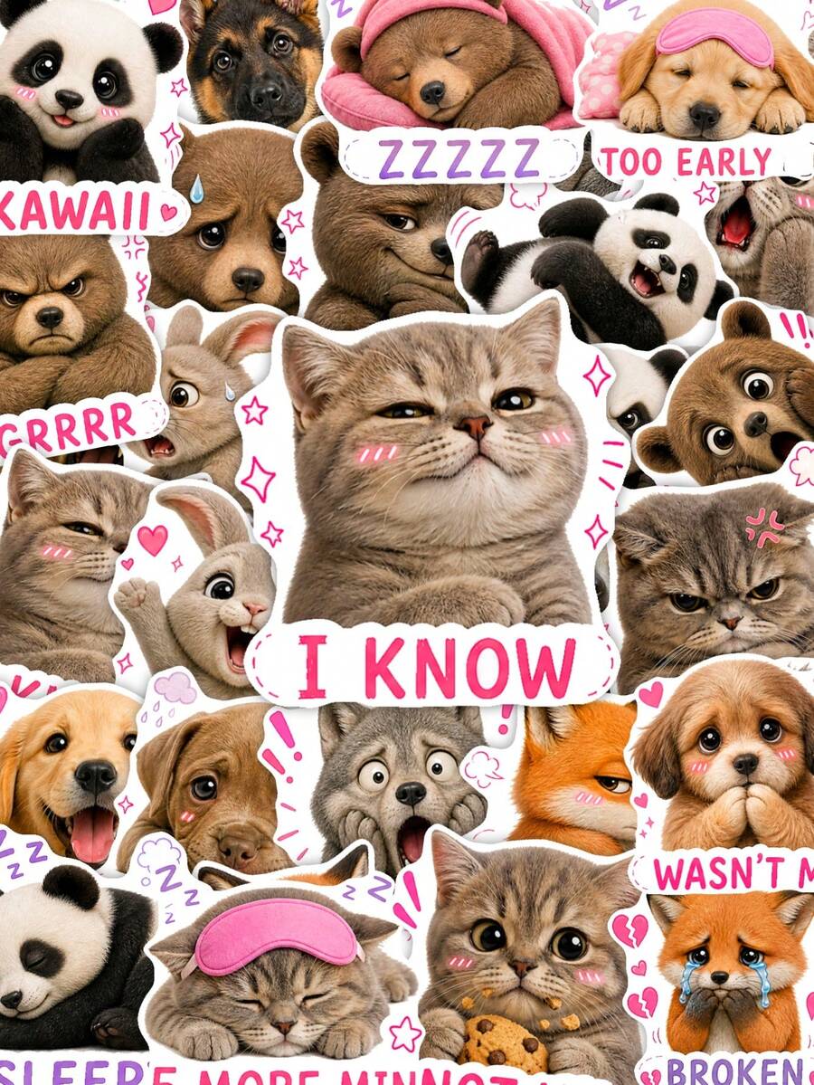 50Pcs Funny Meme Animal Decorative Stickers, Realistic Pet Expression Waterproof Stickers For Laptop, Water Bottle, Journal, Scrapbook - Multicolor - View 1