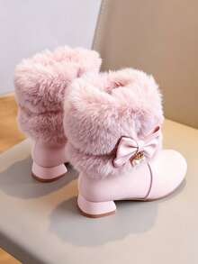 RS Pink Girls' Faux Fur Collar Mid-Calf Boots With Bow & Pearl Decor, Side Zipper, Low Block Heel, Faux Leather, Winter Dress Boots For Party & Daily Wear - Pink - View 1