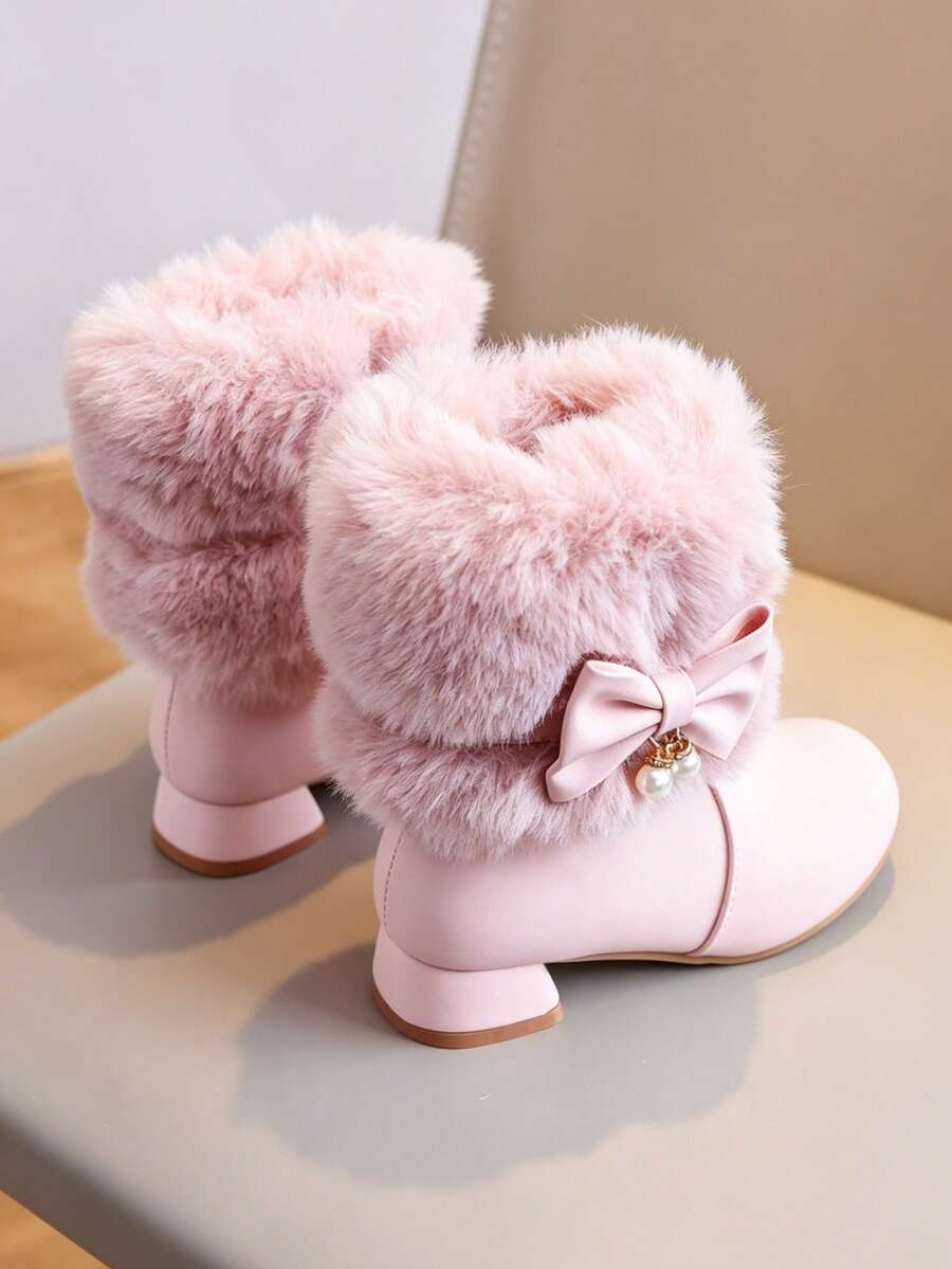 RS Pink Girls' Faux Fur Collar Mid-Calf Boots With Bow & Pearl Decor, Side Zipper, Low Block Heel, Faux Leather, Winter Dress Boots For Party & Daily Wear - Pink - View 1