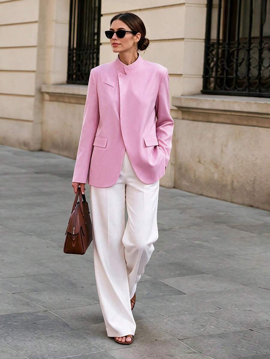 Women's Autumn/Winter Pink Blazer With Exaggerated Padded Shoulder Design, Asymmetrical Single-Button Collar With High Neckline And Diagonal Fall