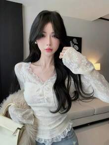 Women's Lace Blouse Inner Layer Long Sleeve Top, Autumn - Apricot - View 7
