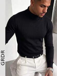 GRDR Men's Autumn/Winter Solid Color Half-High Neck Long Sleeve Sweater - Black - View 2