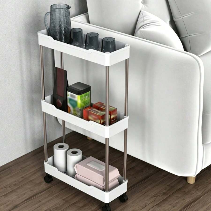 4-Tier Mobile Storage Rack With Wheels And Hooks, Narrow Gap Storage, Kitchen Storage Rack, Space-Saving, Suitable For Kitchen, Living Room, Bedroom And Office - White - View 1
