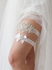 2件組新娘婚禮吊襪帶套裝，彈性蕾絲仿珍珠水鑽緞面蝴蝶結彈力腿環，新娘禮服配件 - 銀色 - 查看 4