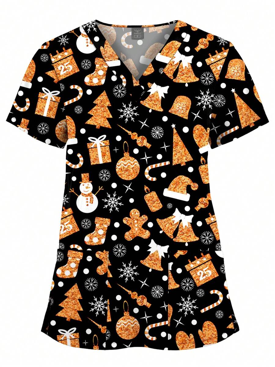 Christmas Print Women's Scrub Top, Hospital Nurse V-Neck Short Sleeve T-Shirt, Home Party Style - Multicolor - View 1