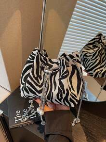 Zebra Stripe Drawstring Mini Bucket Bag For Women, Vintage Leopard Print Metal Chain Crossbody Small Bag, Drawstring Closure With Beaded Decoration, Casual Travel Party Handbag - Black - View 8