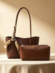 Women Woven Tote Bag Set, Large Capacity Shoulder Bag With Small Pouch & Decorative Silk Scarf, Handbag For Daily Work - Brown - View 1