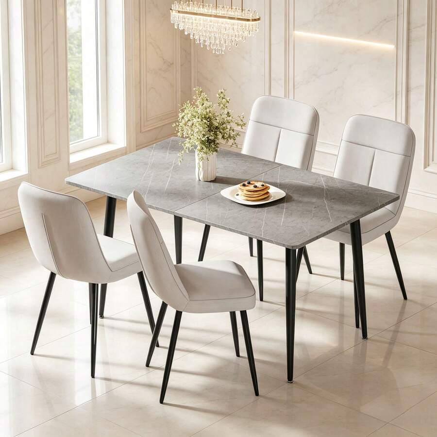 Dining Table And Chairs Set Of 4, 120cm Marble Effect Dining Table With 4 Velvet High Back Dining Chairs, Modern Dining Table Set For Dining Room Kitchen - Grey Table + White Velvet Chair - View 1