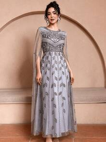 JINLICX Light Grey Silver Beaded Tassel Maxi Dress Round Neck Sheer Fringe Sleeve Luxury Evening Gown For Wedding Banquet - Grey - View 2