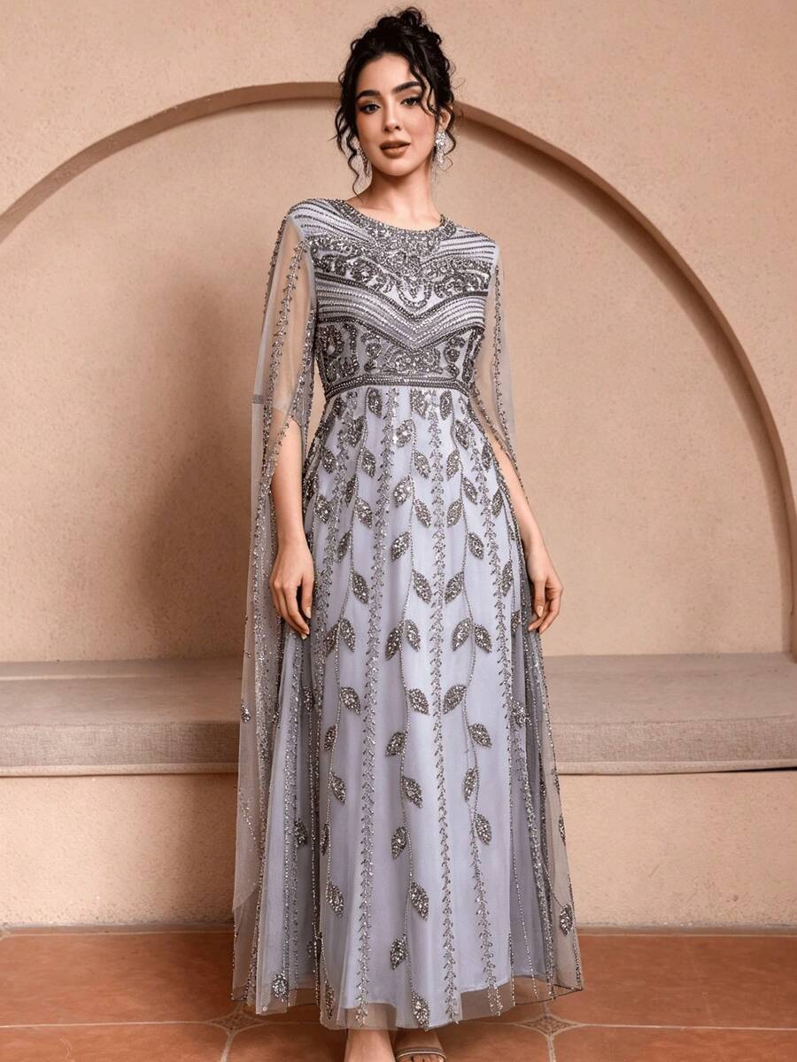 JINLICX Light Grey Silver Beaded Tassel Maxi Dress Round Neck Sheer Fringe Sleeve Luxury Evening Gown For Wedding Banquet