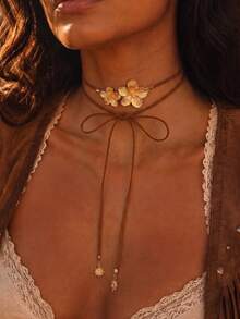 1pc Vintage Brown Velvet Ribbon Floral Decor Adjustable Long Necklace, Fashionable Personalized Women's Neck Jewelry, Suitable For Daily Wear, Dating And Outings - Multicolor - View 11