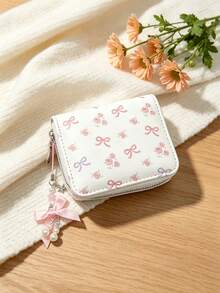 Dompet Kartu/Koin Pendek Motif Polkadot dengan Pita untuk Wanita, Dompet Kecil Portabel Gaya Feminin yang Lucu untuk Pelajar - Putih - View 4