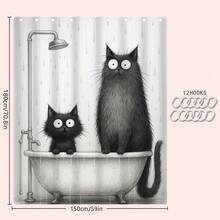 1 Set Cartoon Cat Pattern Shower Curtain, Waterproof Polyester Material, Modern Minimalist Style Home Decor Shower Curtain Set, Toilet Lid Cover, U-Shaped Mat, Anti-Slip Bath Mat, With 12 Hooks Back To School Bathroom Decor - Multicolor - View 14