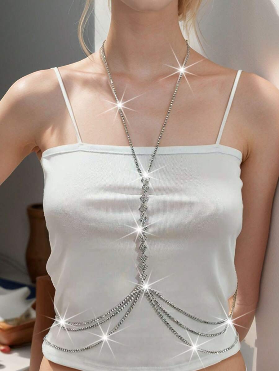 Women's Sparkling Rhinestone Body Bra Chain, Bohemian Style Bikini Bra Accessory, Fashionable And Elegant Chain, Women's Breast Jewelry - Multicolor - View 1
