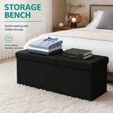 Foldable Linen Look Storage Ottoman Bench With Removable Divider, Button Tufted Padded Seat, Large Capacity Storage Chest, End Of Bed Bench Footrest Stool For Bedroom Living Room Entryway, Easy Assembly - Black - View 3