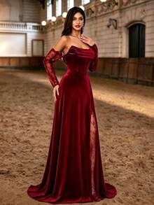 Autumn/Winter Elegant Velvet & Lace Patchwork Fishbone Corset High Slit Formal Long Evening Gown, Ruched Heart Neckline Sheer Long Sleeve, Party & Wedding Style - Burgundy - View 4