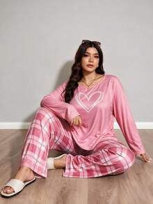 Women's Plus Size Casual Pajama Set, 2-Piece, Heart Print Long Sleeve Top And Plaid Pants Loungewear Set, Autumn/Winter - Pink - View 4