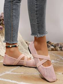 Women's Pink Square Toe Hollow Mesh Mary Jane Shoes, Low Vamp, Breathable, Cross Strap, Gentle Style, Flat Ballet Shoes - Pink - View 5