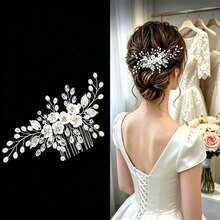 Elegant Bridal Flower Pearl Crystal Hair Comb Wedding Updo Hair Accessory For Bride Bridesmaid Evening Party Ball Cute Hair Comb Accessory - Flower Pearl Crystal Bridal Hair Comb - Silver - View 2