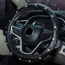 1pc Artificial Sheep Skin Soft Leather Rhinestone Blingbling Car Steering Wheel Cover, Suitable For 14.5-15 Inch Round Steering Wheel, Car Interior Accessory, Unisex, Black - A - View 10